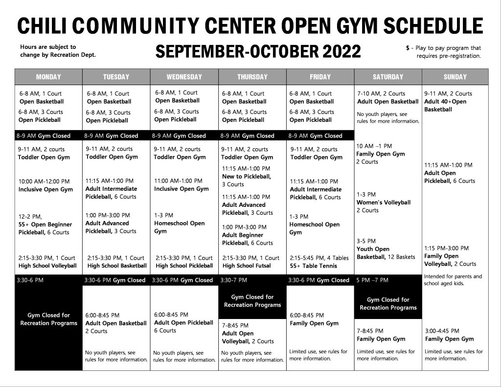 Open Gym Schedule | Town of Chili